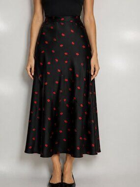 A New Day Black Red Lips Satin Midi A-Line Skirt Size Small